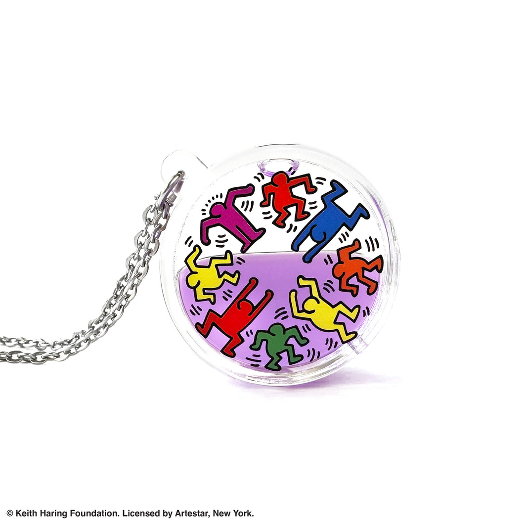 Keith Haring art with eight dancing rainbow men printed on round clear acrylic pendant filled with purple liquid 
